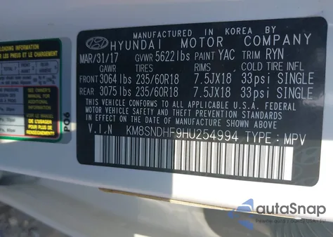 2017 Hyundai Santa Fe Se/Limited z USA, uszkodzony, nr VIN KM8SNDHF9HU254994